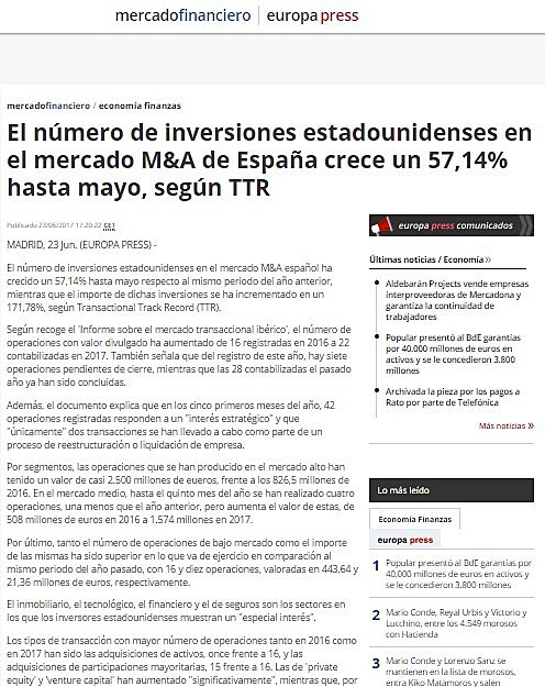 El nmero de inversiones estadounidenses en el mercado M&A de Espaa crece un 57,14% hasta mayo, segn TTR